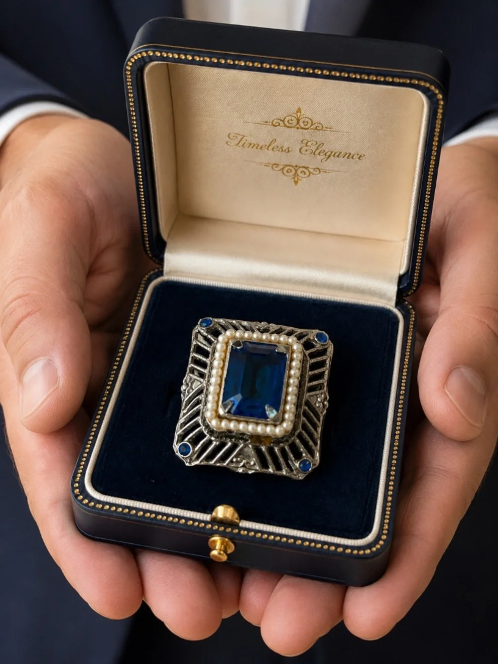 Vintage Gold Tone, Pearl  And Blue Glass Brooch